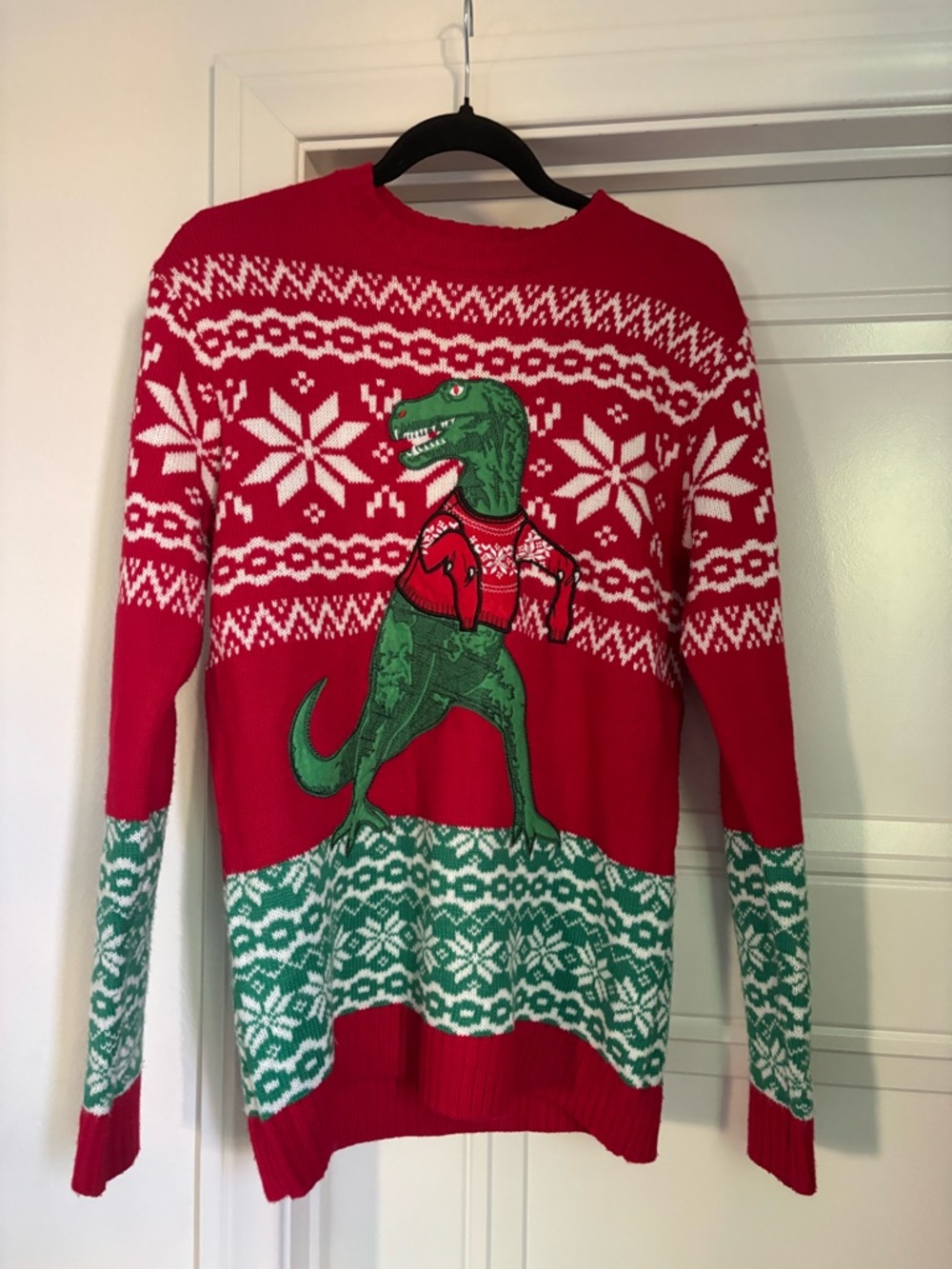 Men's Red Crewneck Sweater with Green T-Rex Graphic